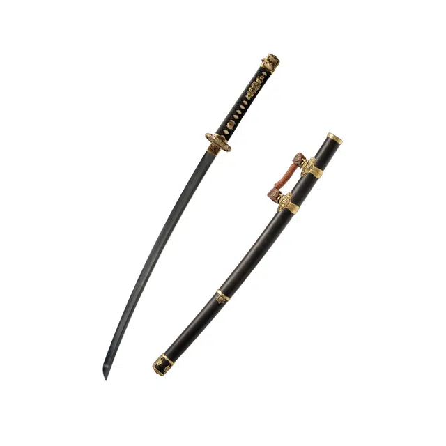 天子剑 秋菊太刀 实木刀鞘黄铜装饰百炼花纹钢覆土烧刃刀身未开刃摆件 成品模型