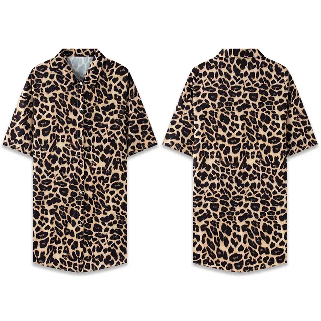 好福份 薄款翻领短袖衬衫睡衣裙纯欲风宽松大码冰丝睡裙 女款 豹纹