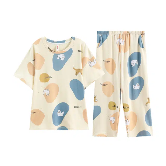 芬腾 猫咪卡通可爱印花圆领套头短袖上衣松紧腰七分裤睡衣套装 女款 杏色