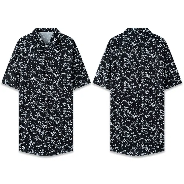 好福份 薄款短袖睡衣裙欲纯碎花男友风冰丝衬衫睡裙 女款 黑色