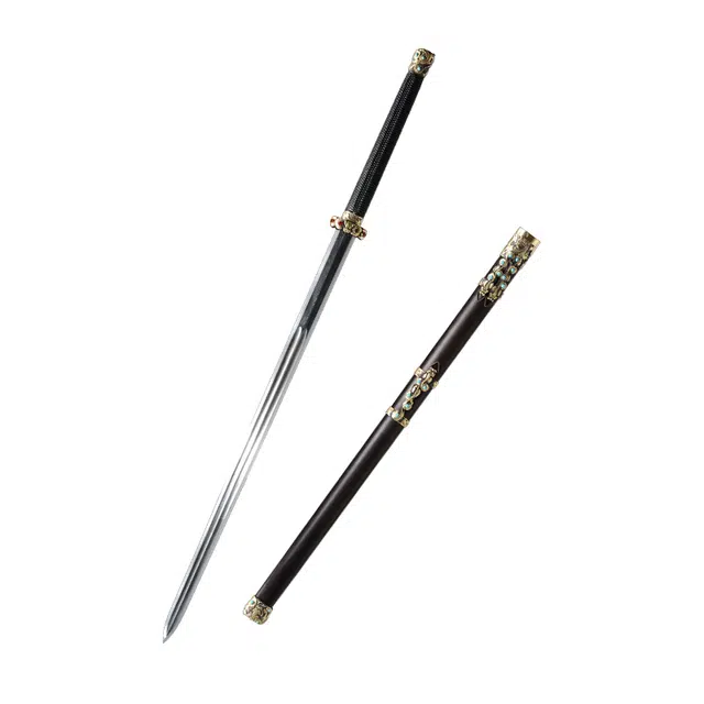 天子剑 螭虎秦剑 黑檀木鞘蜡绳编织 手柄黄铜篆刻装饰 花纹钢剑身未开刃 成品模型