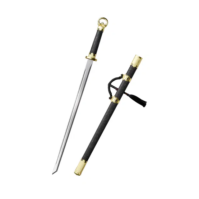天子剑 黑金环首刀 杉木包布鞘合金电镀装饰 高锰钢刀身未开刃摆件 成品模型