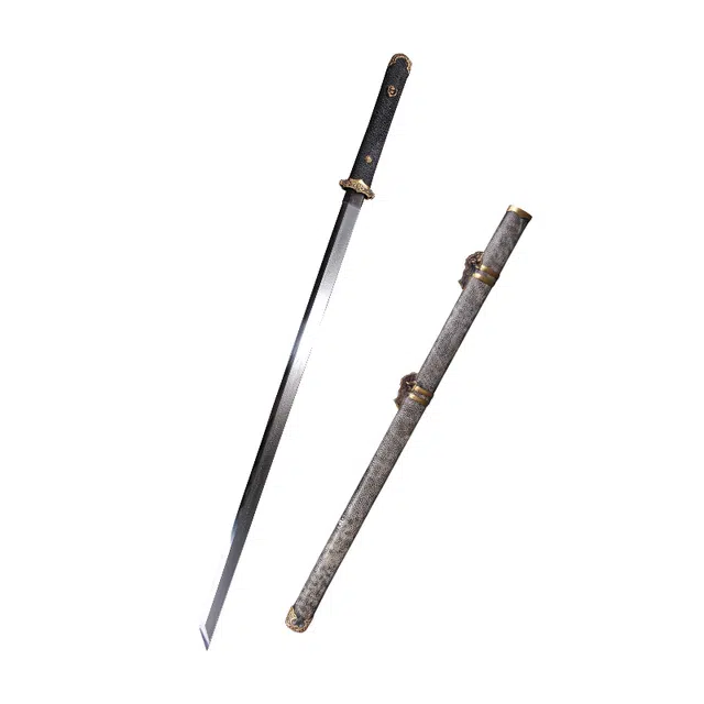 天子剑 鱼皮唐横刀 鱼皮外鞘黄铜复古装饰花纹 钢刀身覆土烧刃 未开刃 成品模型