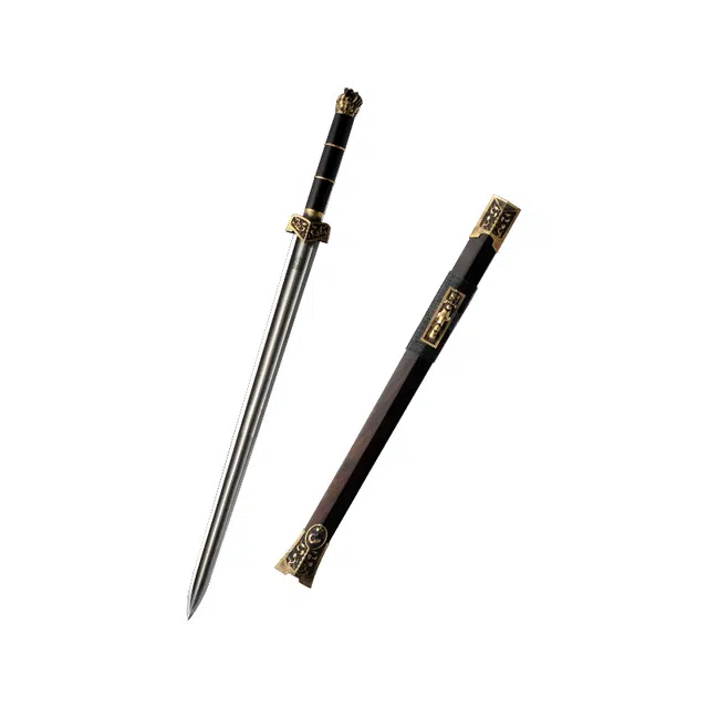 天子剑 卧龙汉剑 黑檀木鞘黄铜篆刻 装饰百炼花纹 钢双槽剑身 未开刃摆件 成品模型