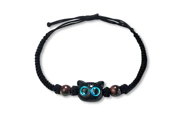 尚银福 大眼猫咪 简约小众高级感 可爱呆萌大眼猫猫双色编织黑绳可调节手饰 织物 手链 男女同款情侣款