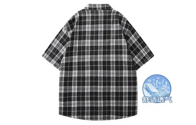 功夫熊猫 美式复古简约基础款创意手绘环球影城阿宝卡通图案印花宽松休闲学院风垂感短袖上衣百搭显瘦条纹格子衬衫 男女同款