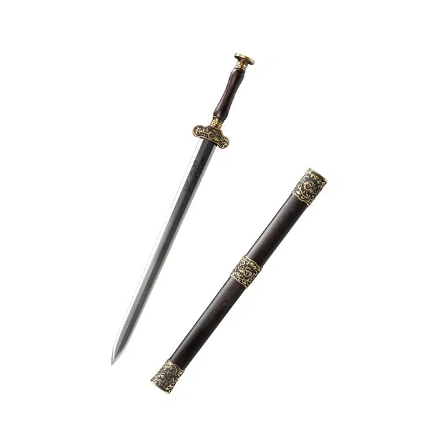 天子剑 卧龙汉剑 黑檀木鞘黄铜篆刻装饰 百炼花纹钢双槽剑身未开刃摆件 成品模型