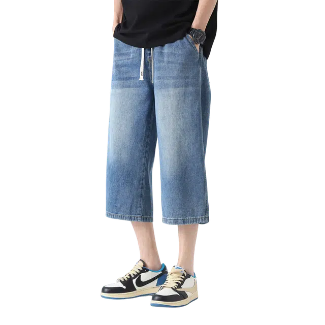 雅鹿 夏季新潮七分裤宽松直筒系带做旧短裤牛仔裤 男女同款