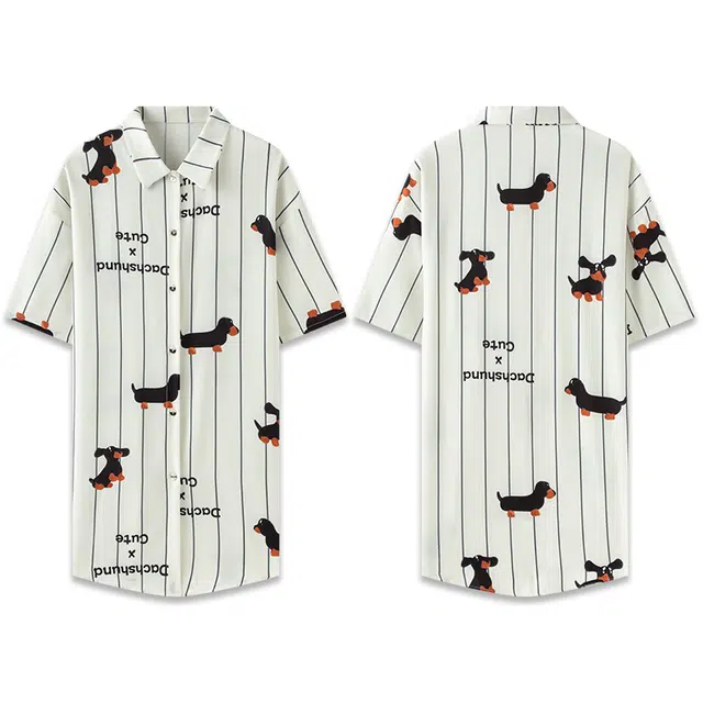 好福份 冰丝睡衣裙宽松大码家居服男友风衬衫短袖睡裙 女款 米白色