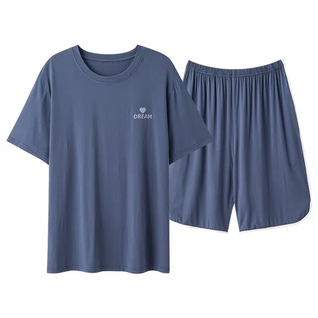 雅鹿 简约亲肤舒适圆领套头短袖休闲可外穿短裤睡衣套装 男款 天蓝色