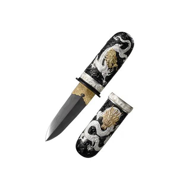 天子剑 天龙短剑 纯铜精雕鎏金银三色剑鞘手柄 百炼花纹钢覆土烧未开刃 成品模型