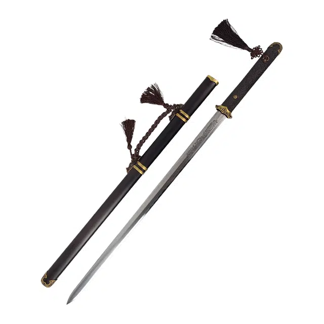 天子剑 黑影唐剑 黄铜复古装具黑檀木鞘 百炼花纹钢覆土烧剑身未开刃 成品模型
