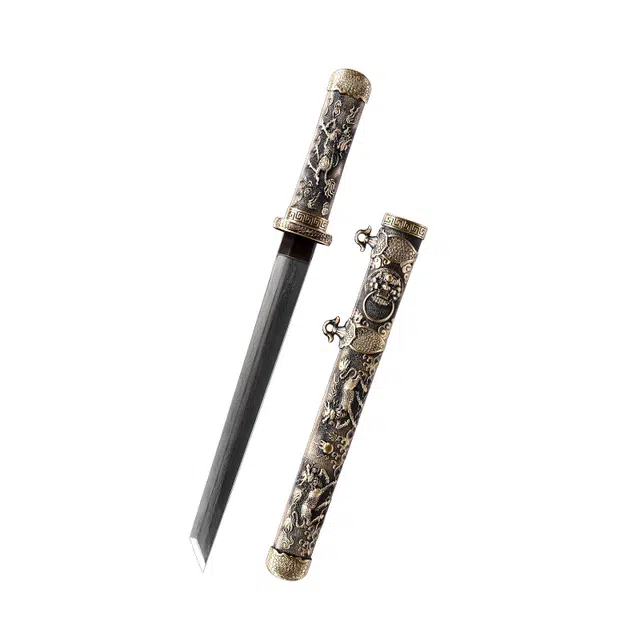 天子剑 赤藤·麒麟 铜装外鞘手柄精工篆刻 百炼花纹钢刀身覆土烧未开刃 成品模型