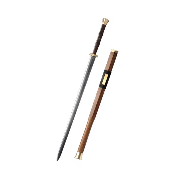 天子剑 汉武剑 鸡翅木实木鞘黄铜装饰 百炼花纹钢八面剑身未开刃摆件 成品模型