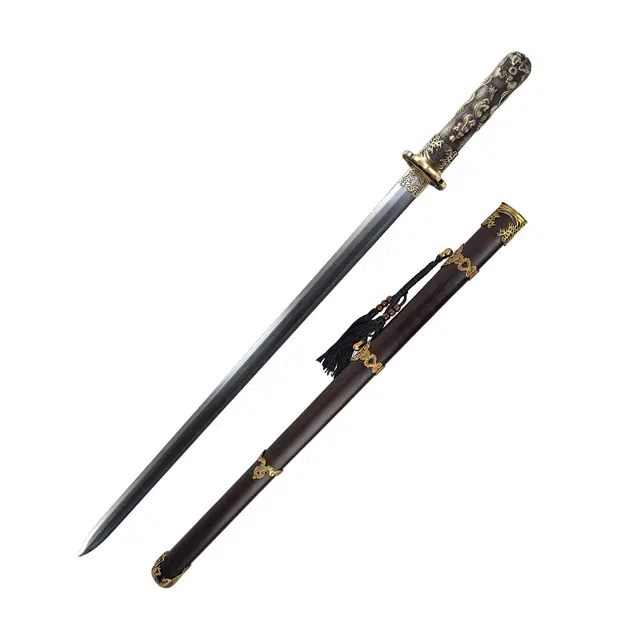 天子剑 太宗唐剑 黑檀木鞘黄铜装饰手柄 百炼花纹钢剑身覆土烧未开刃 成品模型