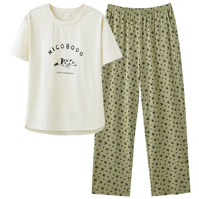 睦隆世家 简约亲肤舒适卡通短袖满印可外穿透气长裤睡衣套装 女款 杏色