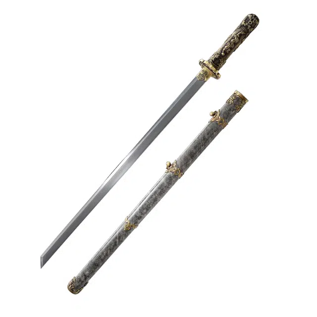 天子剑 太宗唐横刀 深海鲛鱼皮外鞘黄铜装具 百炼花纹钢 覆土烧刃未开刃 成品模型