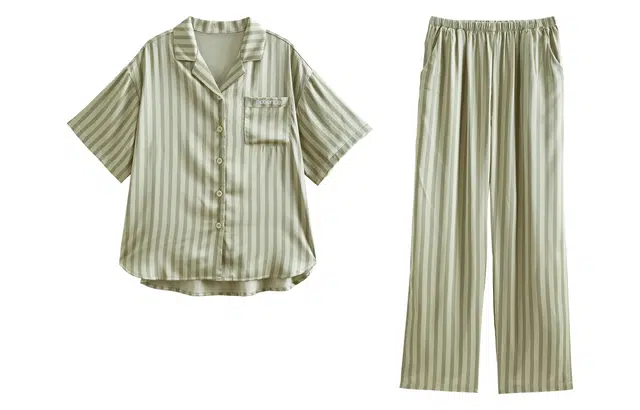 歌倩雅 凉感型短袖长裤薄款条纹高级感家居服睡衣套装 女款 绿色