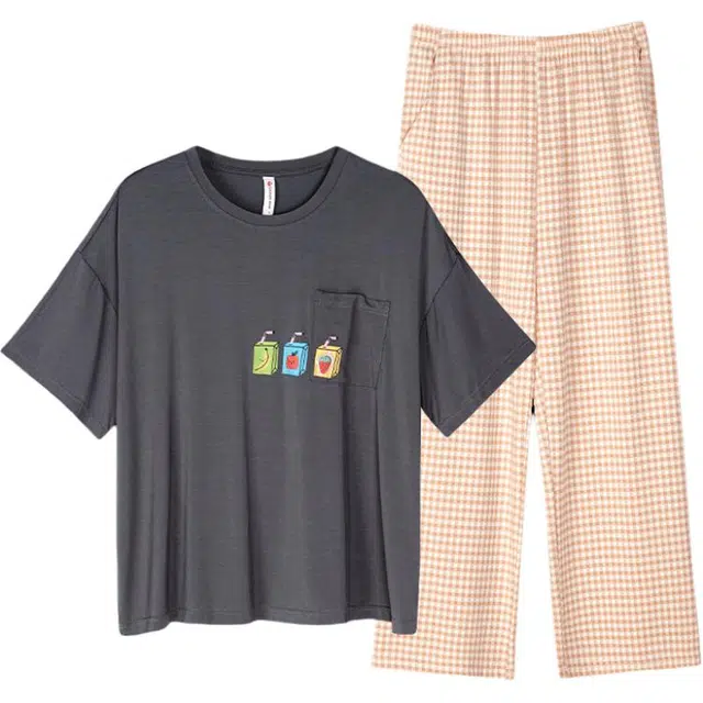 歌倩雅 凉感圆领套头短袖格子薄款长裤可外穿家居服睡衣套装 女款 深灰