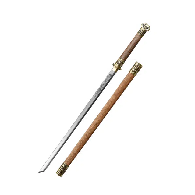 天子剑 环首唐横刀 鸡翅木鞘黄铜篆刻装饰花纹钢覆土烧刀身 成品模型