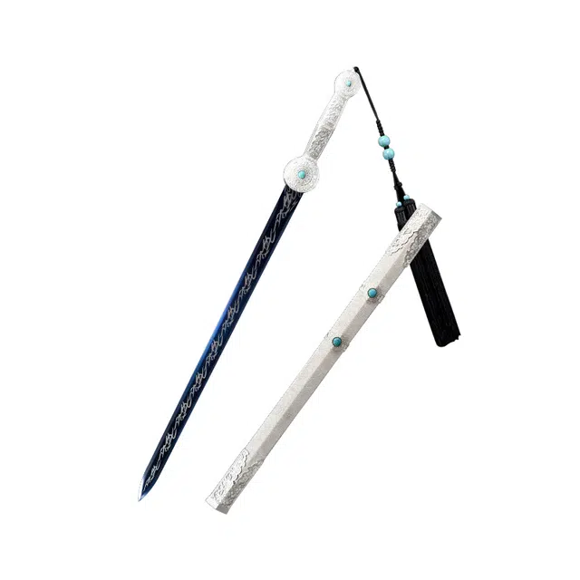 天子剑 轩辕剑 杉木包布鞘合金镀银装具高锰钢剑身烤色工艺未开刃 摆件 成品模型