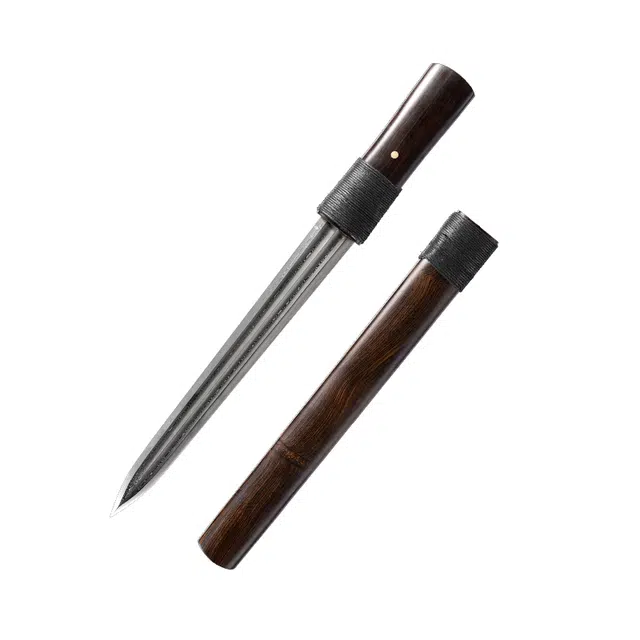 天子剑 墨隐短剑 黑檀木实木鞘柄缠绕蜡绳 百炼花纹钢双槽剑身未开刃 成品模型