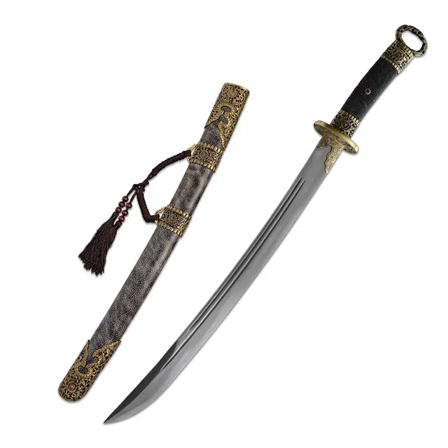 天子剑 鱼皮环首清刀 深海鲛鱼皮鞘 黄铜镂空装 百炼花纹 钢覆土烧未开刃 成品模型