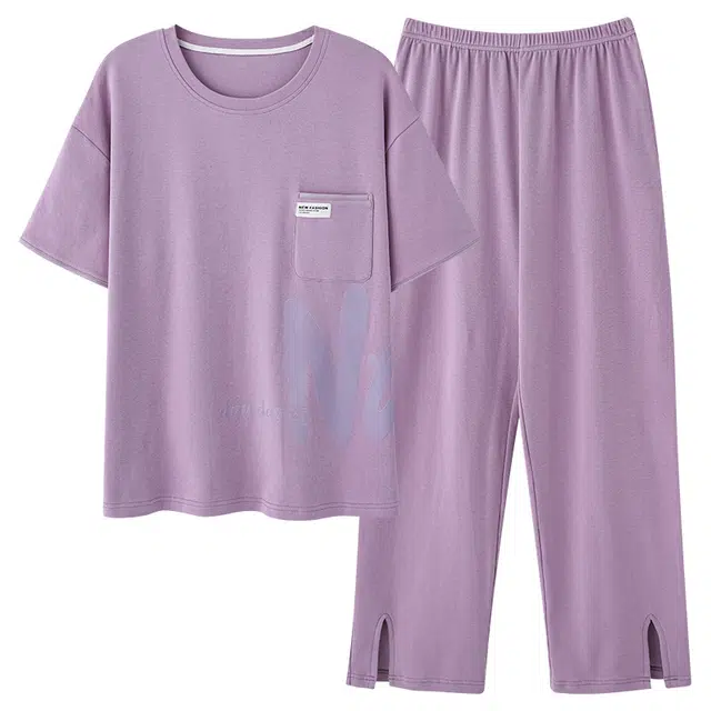 睦隆世家 薄款口袋亲肤圆领套头短袖上衣松紧腰长裤睡衣套装 女款 香芋紫