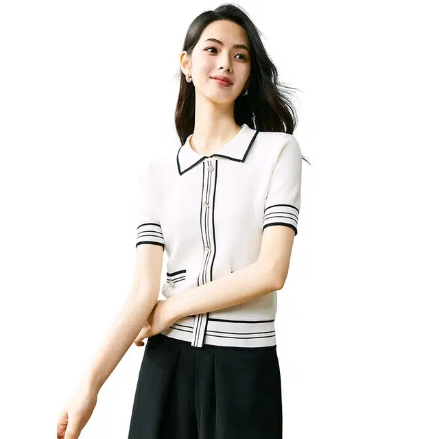 晚白 翻领减龄针织套头短袖 女款 白色