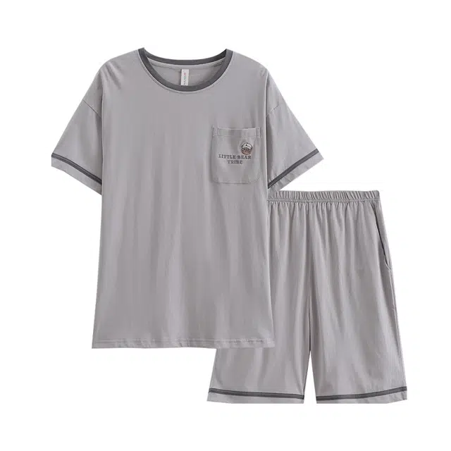 芬腾 情侣夏季纯棉短袖男士宽松休闲青年大码全棉家居服睡衣套装 男款 高贵灰 灰兰