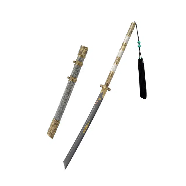 天子剑 麒麟战刀 深海鲛鱼皮外鞘黄铜鎏金银装饰手柄百炼花纹钢万层锻覆土烧刃 未开刃 成品模型