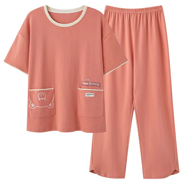 睦隆世家 薄款双口袋上衣卡通亲肤韩版短袖素色长裤时尚休闲居家可外穿睡衣套装 女款 桔红色
