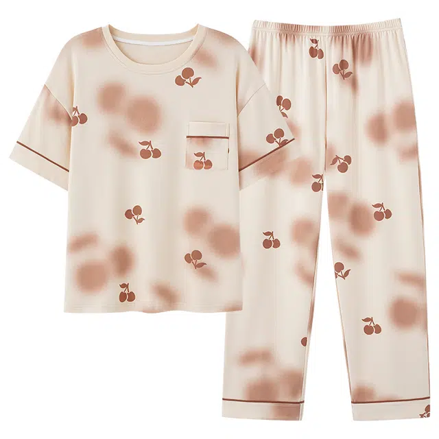 睦隆世家 薄款卡通亲肤满印短袖长裤时尚休闲可外穿睡衣套装 女款 杏色