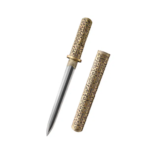 天子剑 青锋 黄铜精工篆刻外鞘百炼花纹钢 覆土烧刃未开刃摆件收藏 成品模型