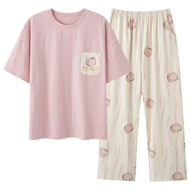 睦隆世家 薄款亲肤卡通短袖满印长裤休闲可外穿睡衣套装 女款 浅粉