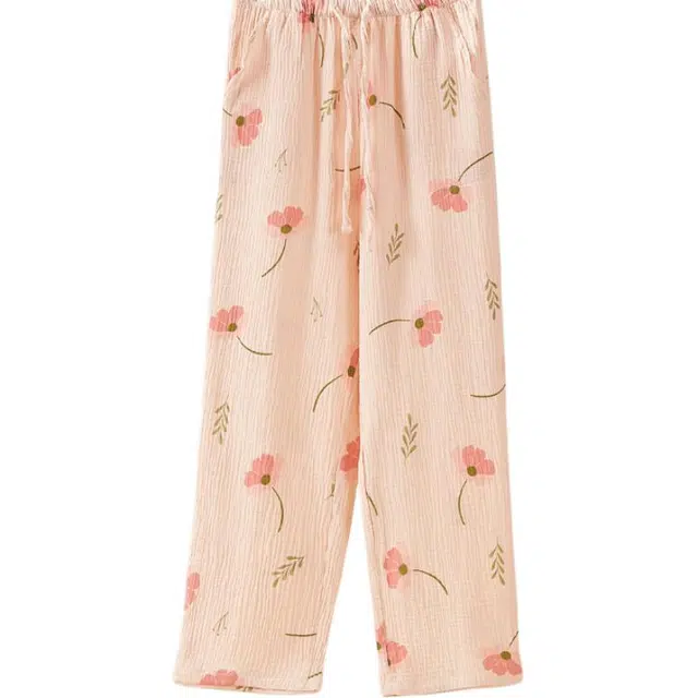 雅鹿 纯棉双层纱布家居裤睡裤 女款 粉色太阳花