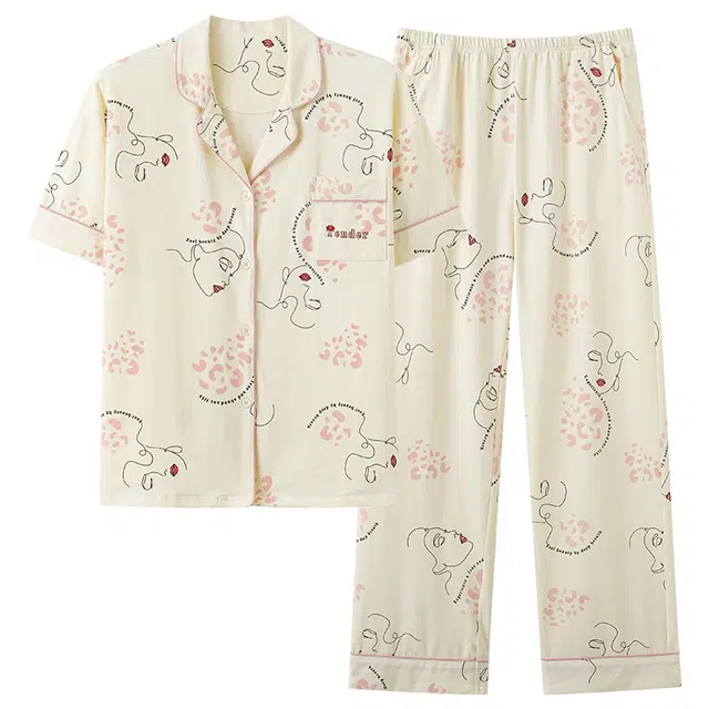 睦隆世家 薄款经典翻领开衫时尚韩版满印卡通短袖亲肤透气简约休闲可外穿长裤睡衣套装 女款 杏色