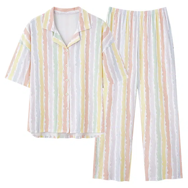 睦隆世家 薄款翻领开衫甜美时尚长裤韩版休闲可外穿睡衣套装 女款 彩虹色