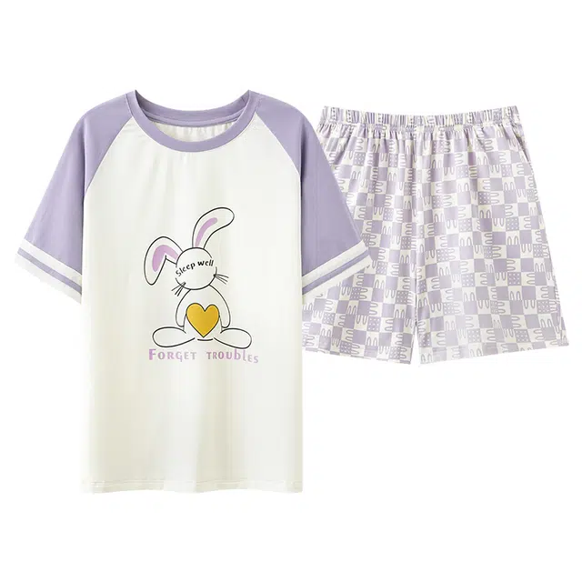 睦隆世家 简约舒适字母短袖上衣松紧腰三分裤睡衣套装 女款 淡紫