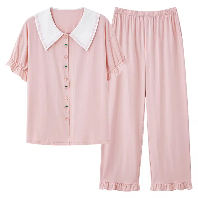 睦隆世家 薄款娃娃领甜美开衫短袖长裤简约休闲时尚可外穿睡衣套装 女款 浅粉