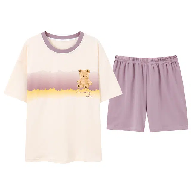 贴身领域 小熊印花纯棉圆领套头短袖松紧腰休闲可外穿短裤家居服睡衣套装 女款 紫色