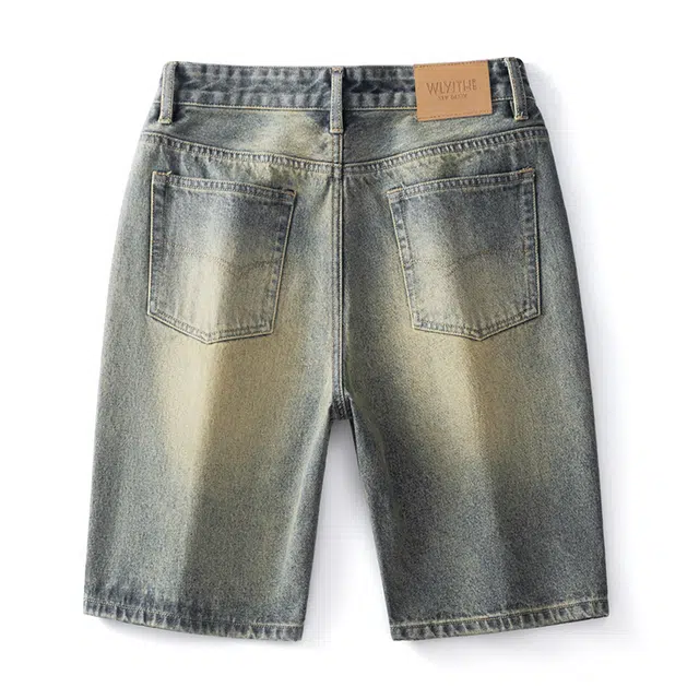 雅鹿 休闲破洞百搭水洗做旧薄款五分牛仔短裤 男款 黄泥蓝