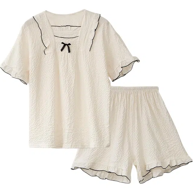 雅鹿 方领蝴蝶结套头短袖中腰松紧睡衣套装 女款