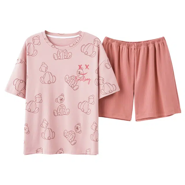 睦隆世家 薄款卡通满印时尚短袖短裤可外穿睡衣套装 女款 粉红色