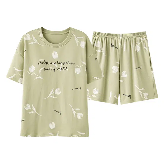 帕兰朵 圆领带胸垫短袖休闲五分裤可外穿家居服夏季睡衣套装 女款