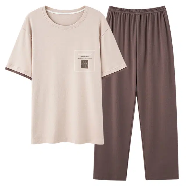 睦隆世家 薄款时尚亲肤短袖长裤舒适透气休闲简约韩版可外穿夏季睡衣套装 男款 杏色