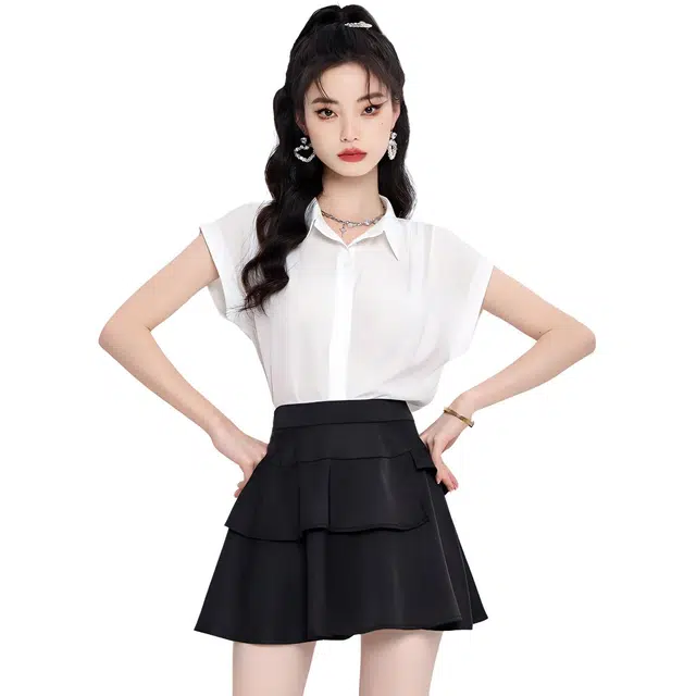 美丽衣橱 纯色翻领纽扣落肩短袖衬衫 女款 白色
