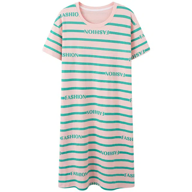 睦隆世家 清新时尚条纹短袖亲肤透气韩版可外穿学生睡裙 女款 浅粉