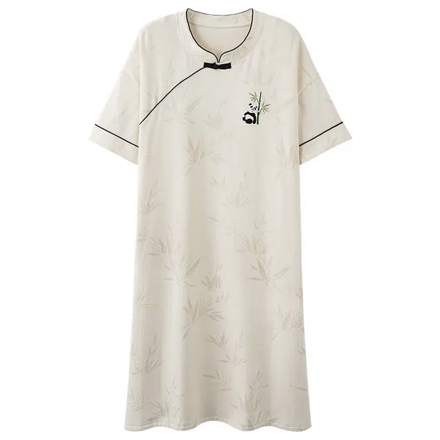 帕兰朵 中国风小熊猫竹子印花透气舒适短袖睡裙 女款 奶杏色