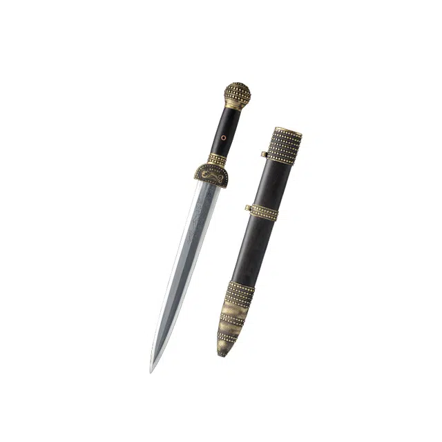 天子剑 干将剑 黑檀木实木鞘黄铜失蜡法篆刻装饰 百炼花纹钢八面剑身未开刃摆件收藏工艺品 成品模型